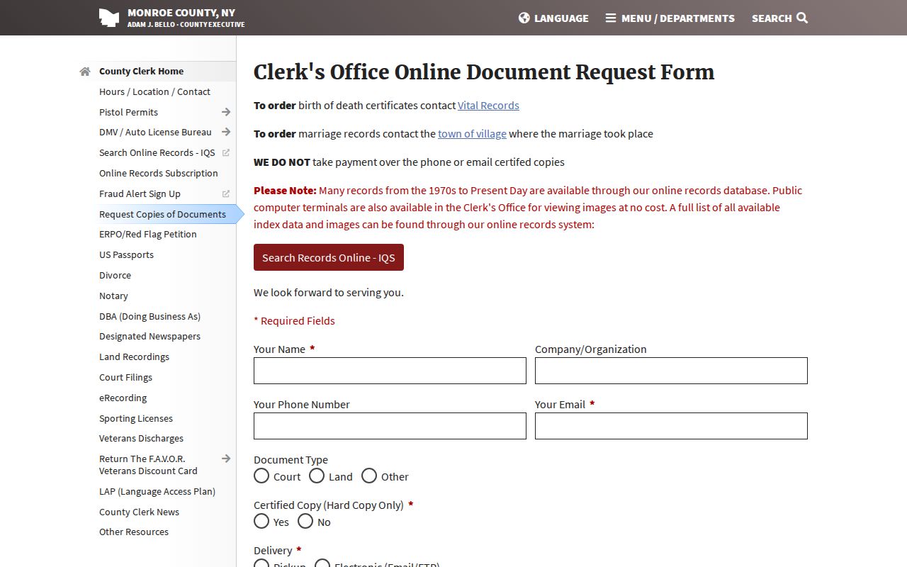 Town of Webster residents directory Monroe County Clerk document request